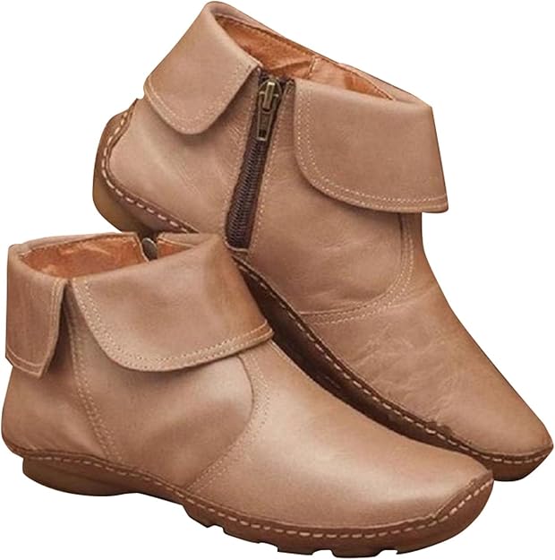 Retro Women Walking Arch Support Boots Faux Leather Zip Flat Ankle Boo