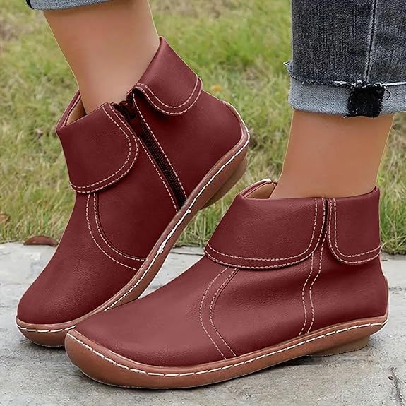 Retro Women Walking Arch Support Boots Faux Leather Zip Flat Ankle Booties Shoes