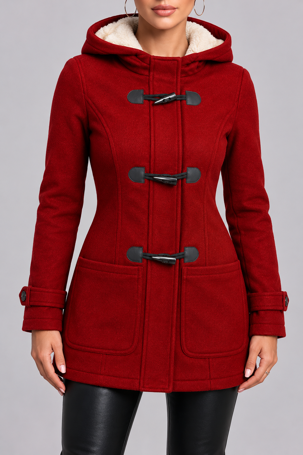 Model wearing the deep red hooded toggle coat