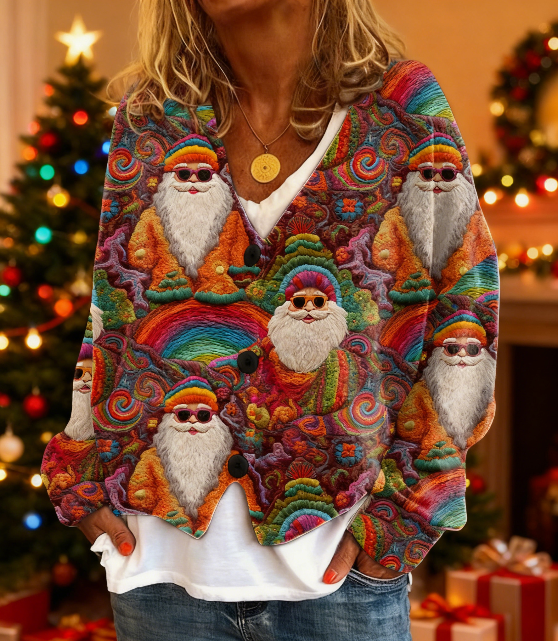 Retro Colorful Santa Print Casual Cardigan
