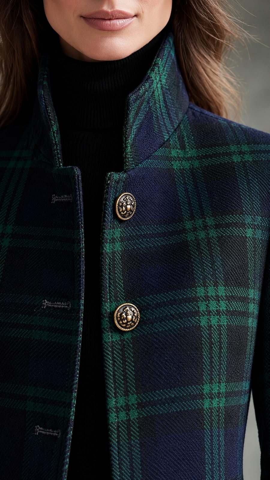 Close-up of the plaid coat's upright stand collar