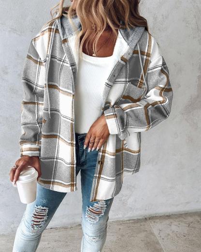 Plaid Pattern Long Sleeve Shacket Button Down Fleece Lined Hooded Jackets Warm Coat