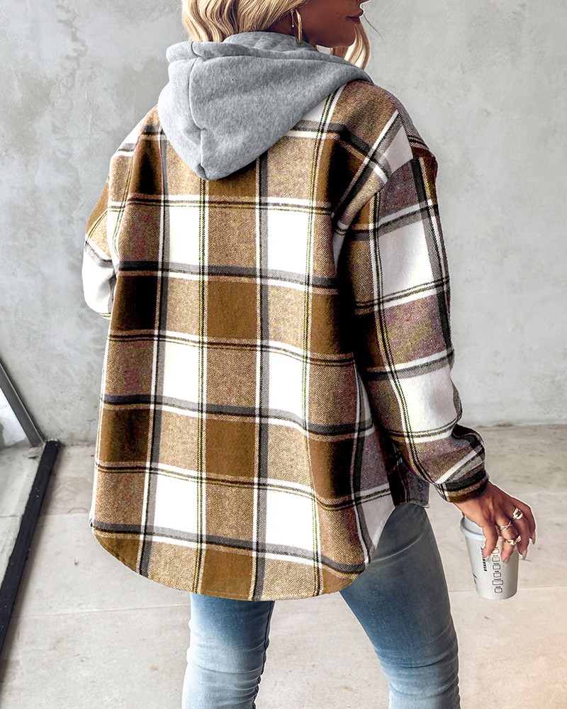 Plaid Pattern Long Sleeve Shacket Button Down Fleece Lined Hooded Jackets Warm Coat