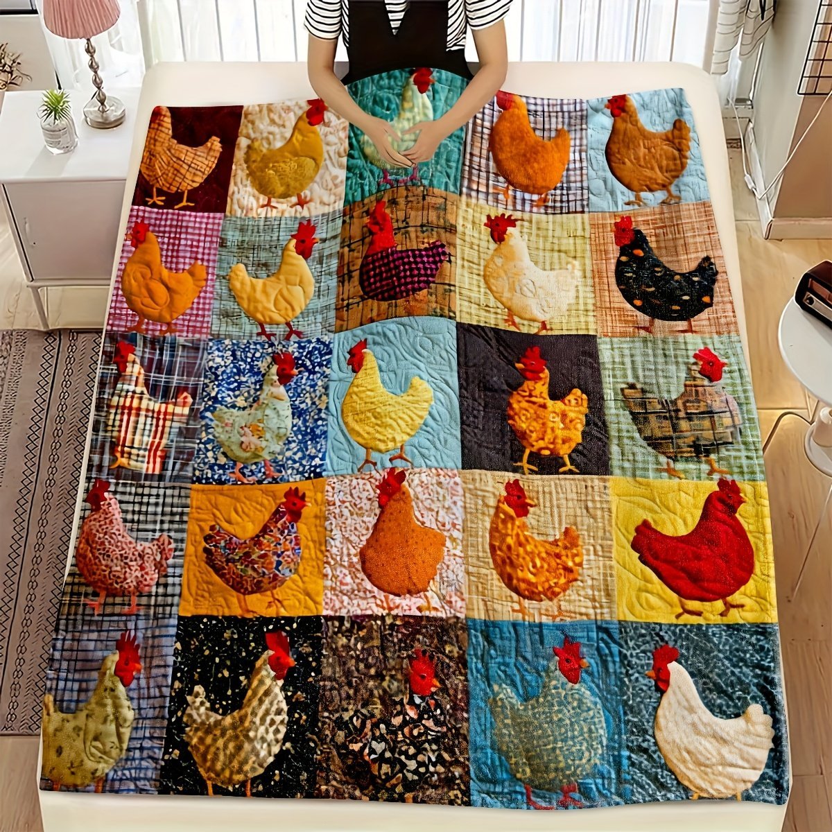 🐓 Cozy Vintage Rooster Plaid Blanket 🧣 Soft, Lightweight & Farmhouse