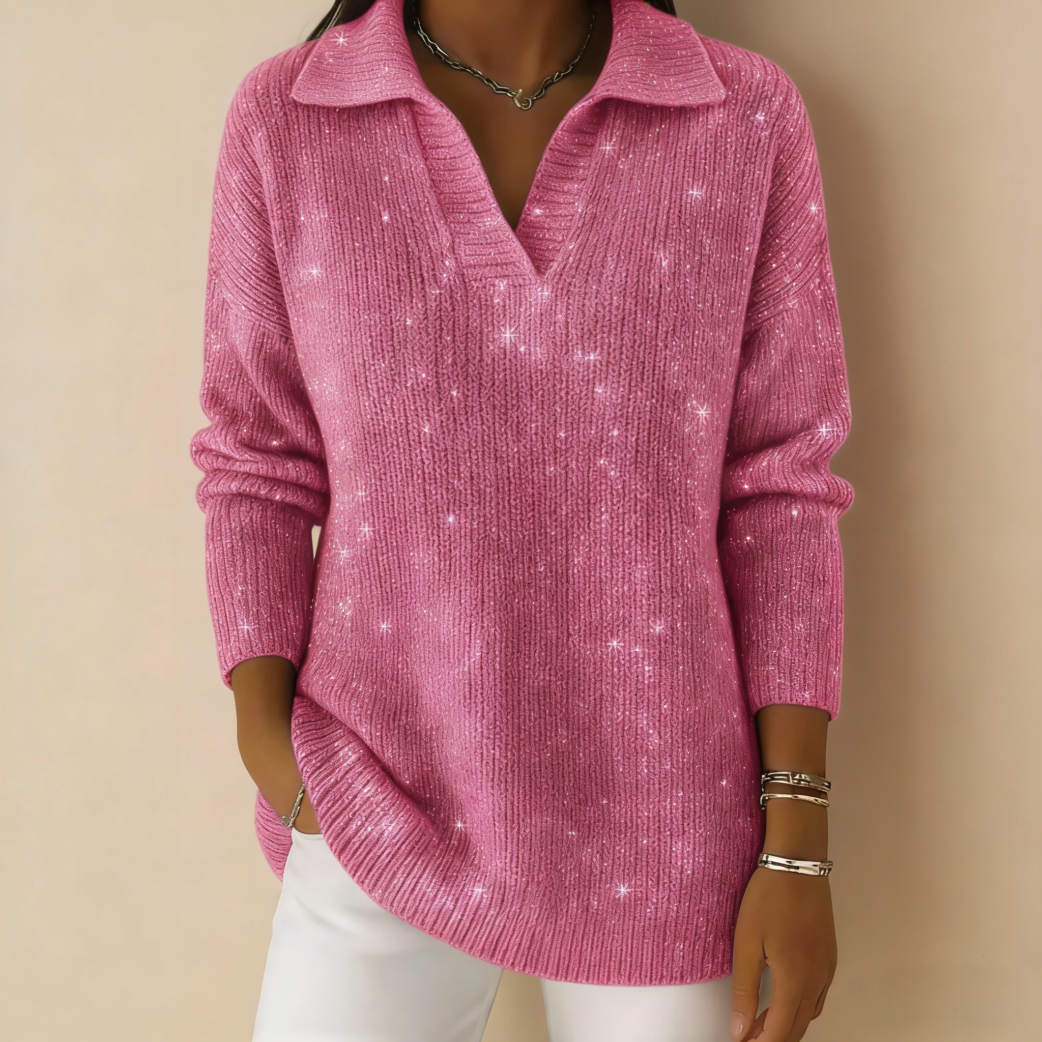 🔥【CLEARANCE SALE】Collar Shiny Loose Sweater Top