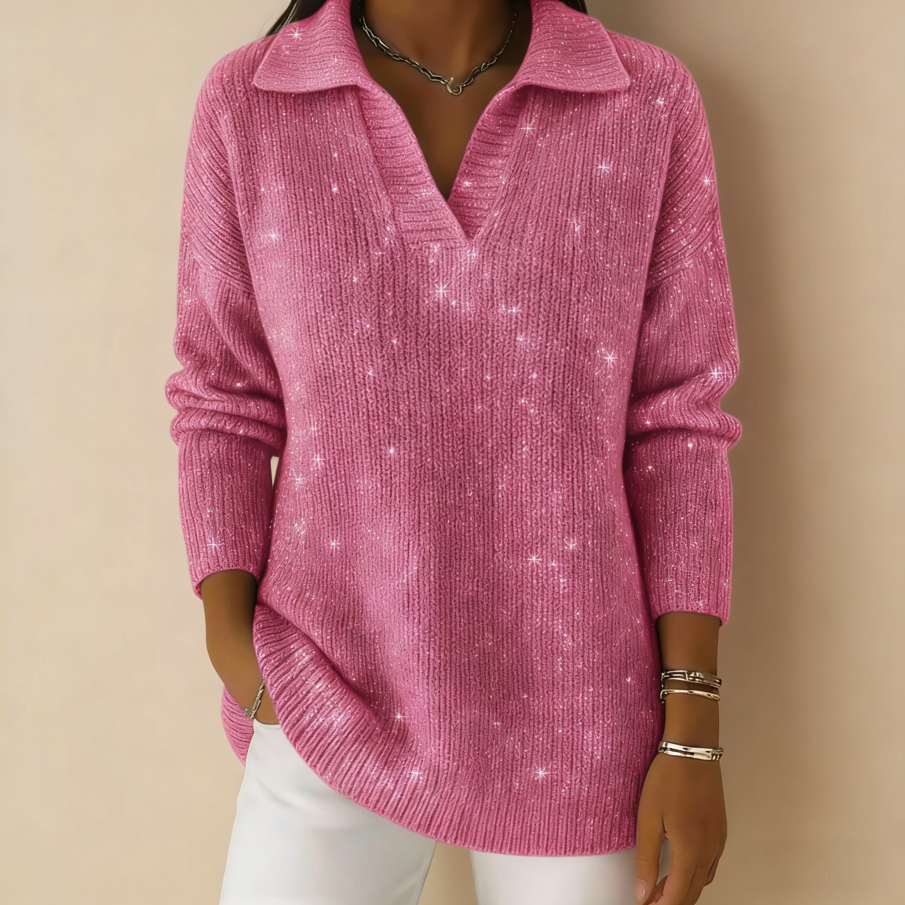 🔥【CLEARANCE SALE】Collar Shiny Loose Sweater Top