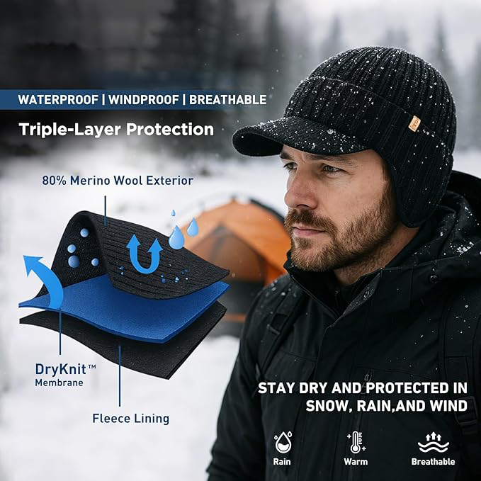 Merino Wool SnowDefence Hat – Fleece-Lined Winter Beanie with Ear Flaps & Brim