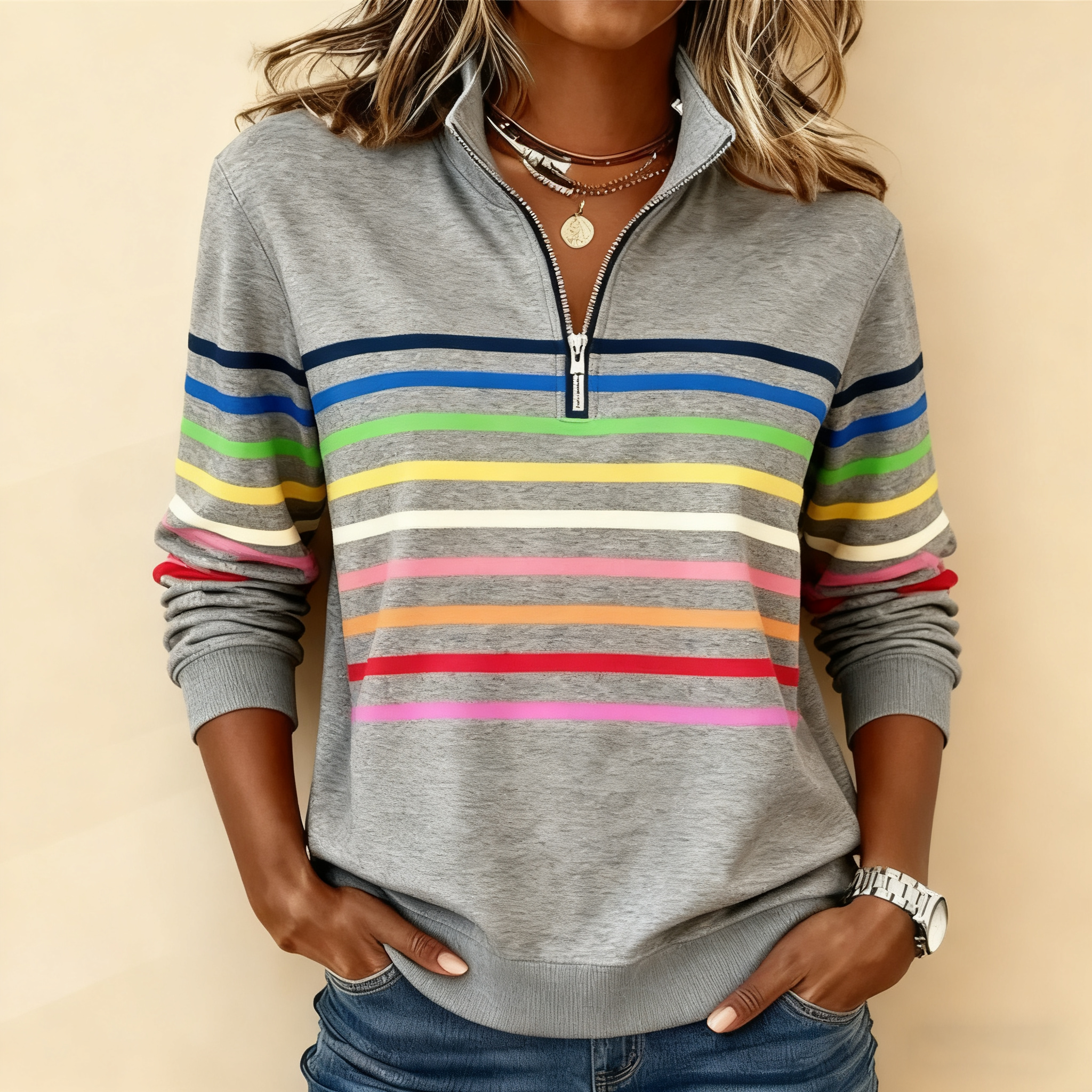 🔥【CLEARANCE SALE】Women's Vibrant Striped Half-Zip Casual Sweatshirt