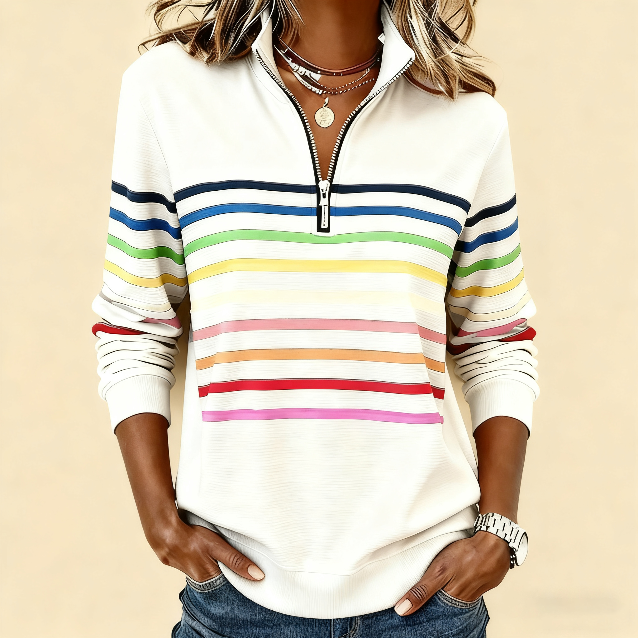 🔥【CLEARANCE SALE】Women's Vibrant Striped Half-Zip Casual Sweatshirt