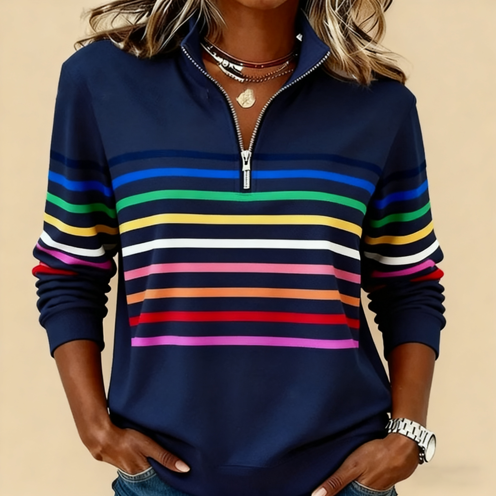 🔥【CLEARANCE SALE】Women's Vibrant Striped Half-Zip Casual Sweatshirt