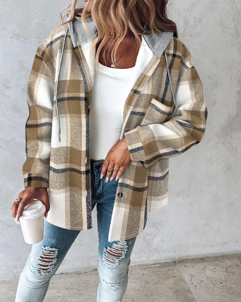 Plaid Pattern Long Sleeve Shacket Button Down Fleece Lined Hooded Jackets Warm Coat