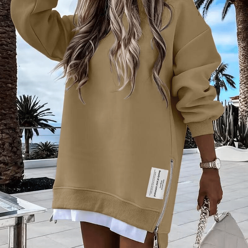 Long-Sleeve Hoodie with Zipper Slit Casual One-Piece Sweatshirt