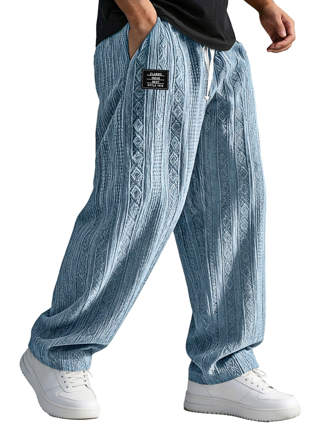 Men's Casual Jacquard Elastic Waist Loose-fitting Trousers With Embroidered Logo