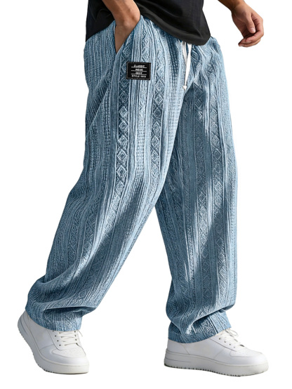 Men's Casual Jacquard Elastic Waist Loose-fitting Trousers With Embroidered Logo