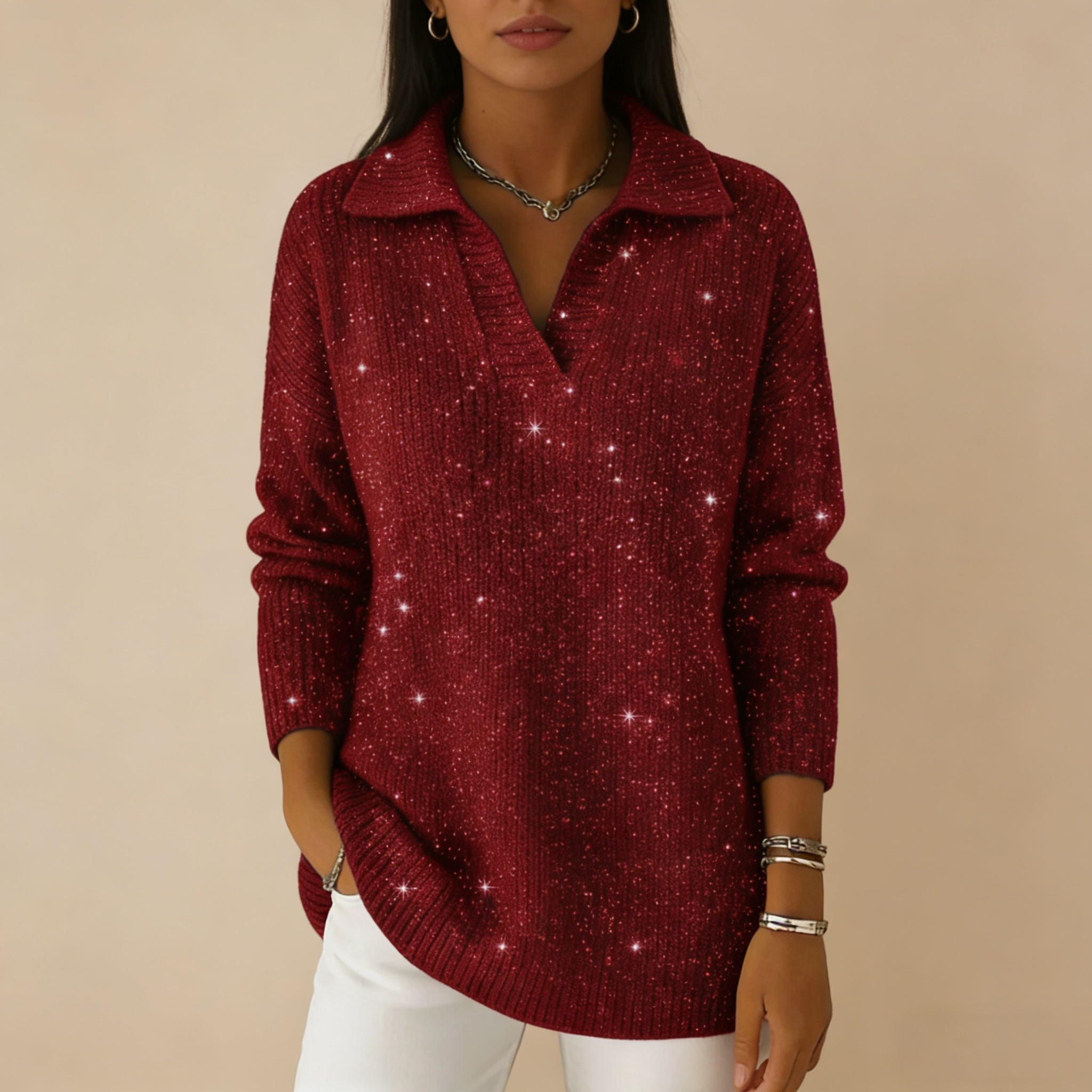 🔥【CLEARANCE SALE】Collar Shiny Loose Sweater Top