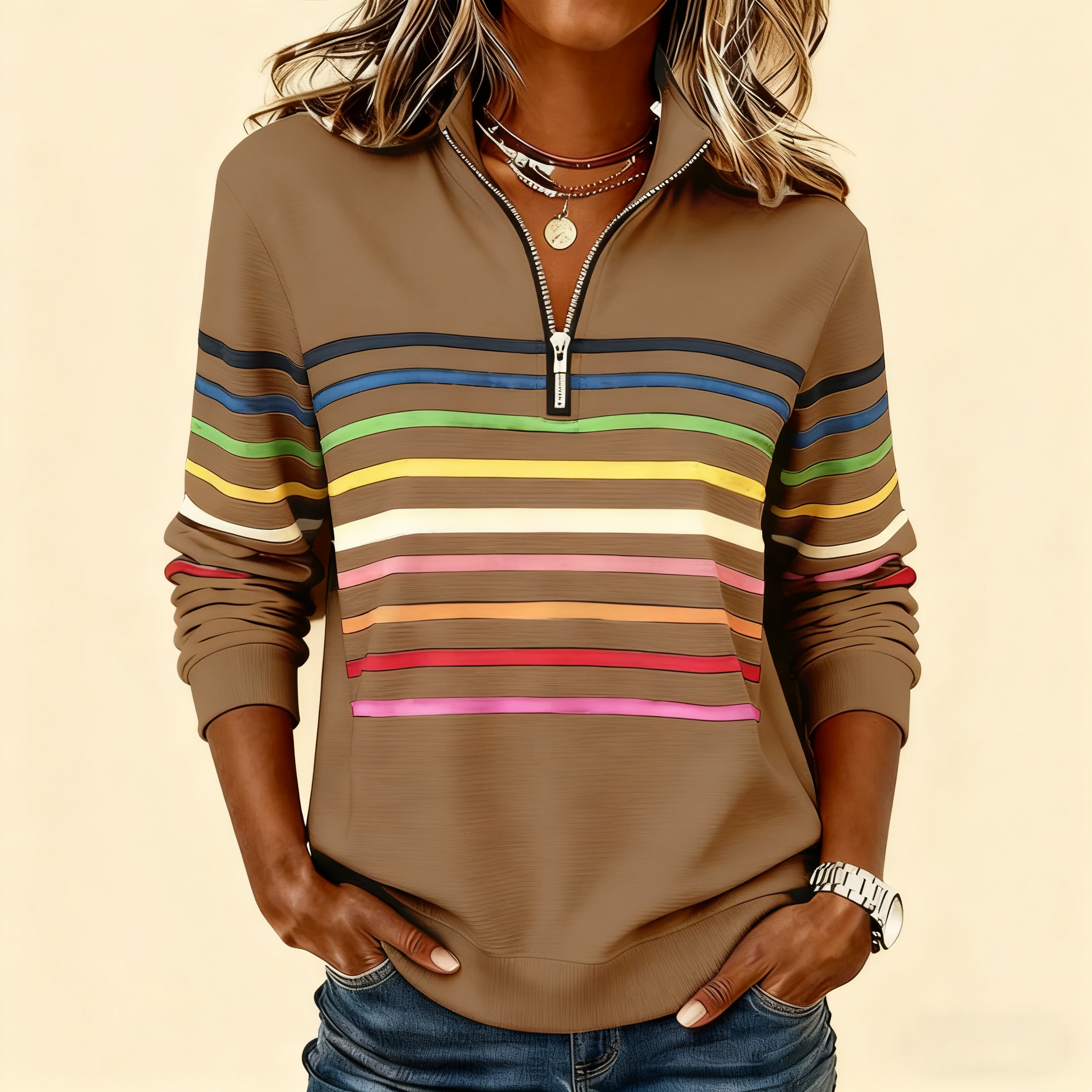 🔥【CLEARANCE SALE】Women's Vibrant Striped Half-Zip Casual Sweatshirt
