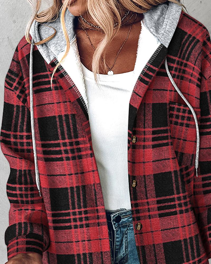 Plaid Pattern Long Sleeve Shacket Button Down Fleece Lined Hooded Jackets Warm Coat