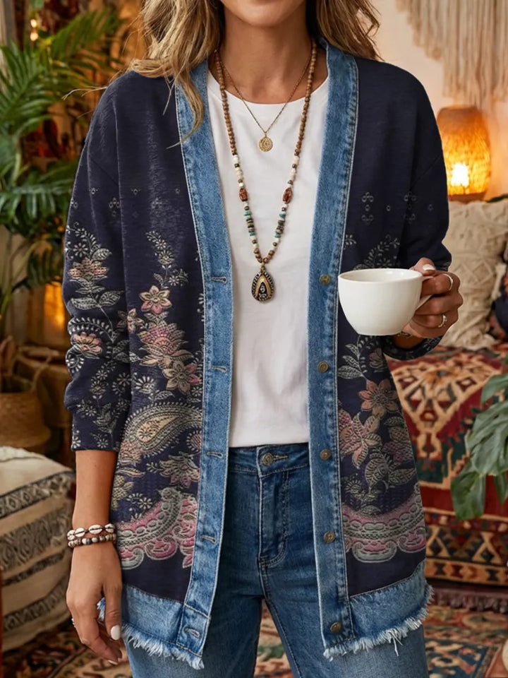 Clearance Sale! 🔥 Women's elegant, slim-fitting denim dress with vintage floral pattern.
