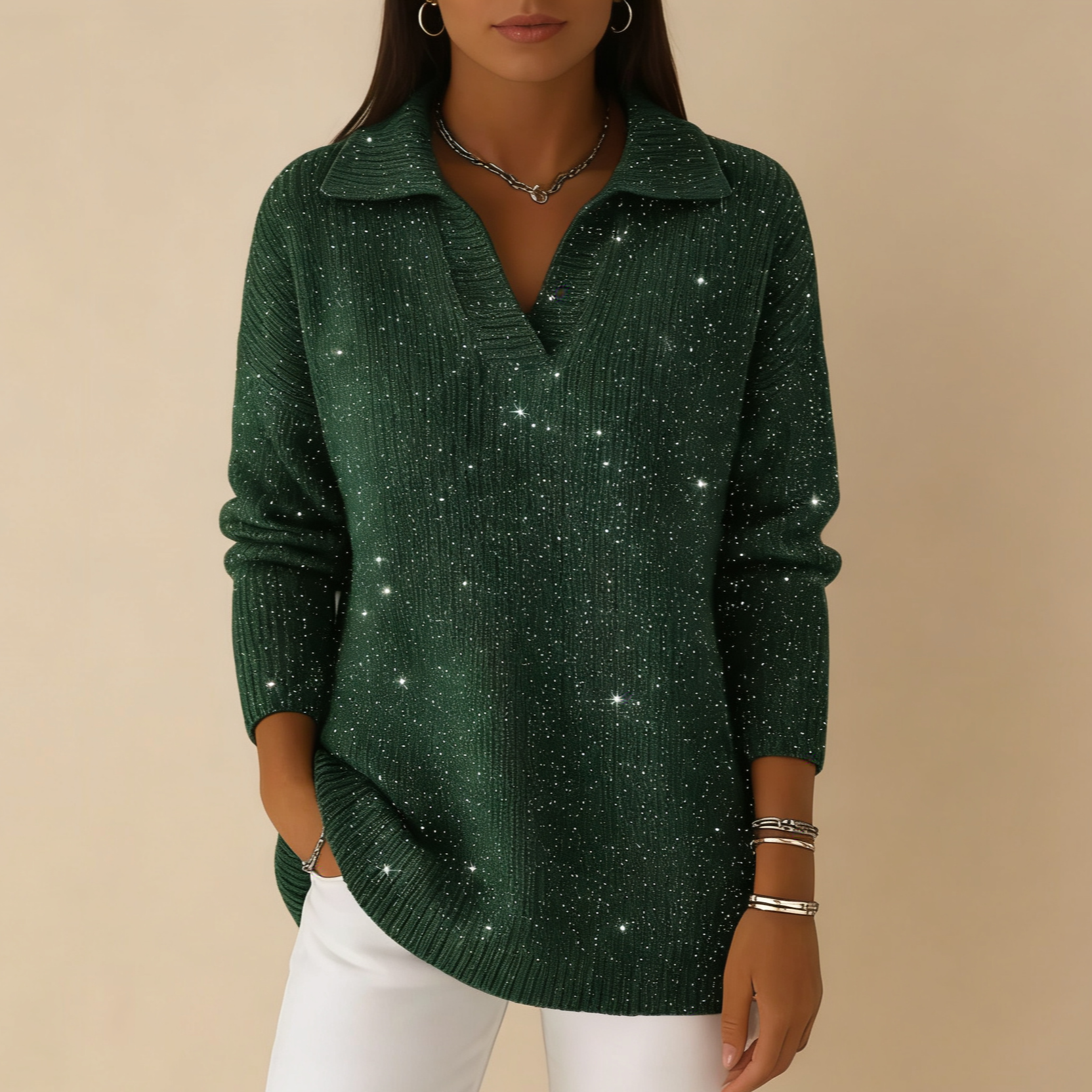 🔥【CLEARANCE SALE】Collar Shiny Loose Sweater Top