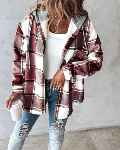 Plaid Pattern Long Sleeve Shacket Button Down Fleece Lined Hooded Jackets Warm Coat