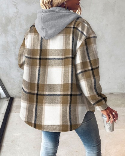 Plaid Pattern Long Sleeve Shacket Button Down Fleece Lined Hooded Jackets Warm Coat