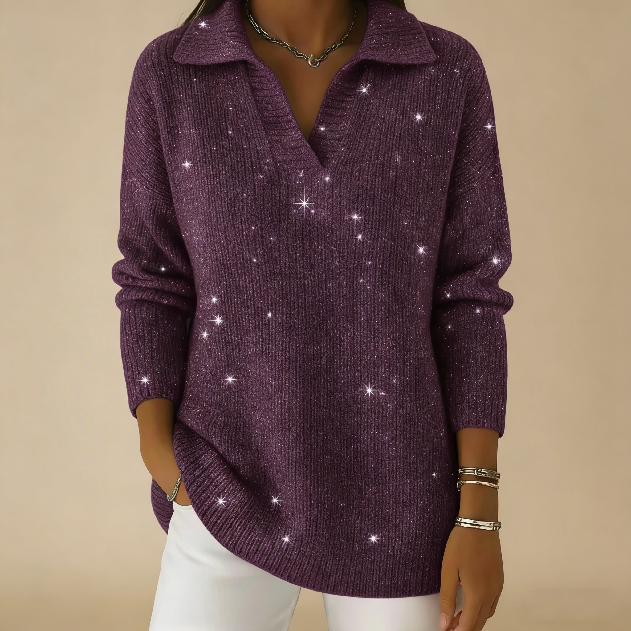 🔥【CLEARANCE SALE】Collar Shiny Loose Sweater Top