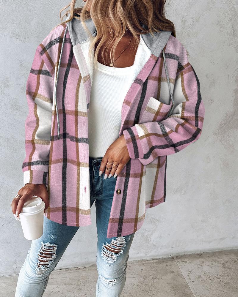 Plaid Pattern Long Sleeve Shacket Button Down Fleece Lined Hooded Jackets Warm Coat