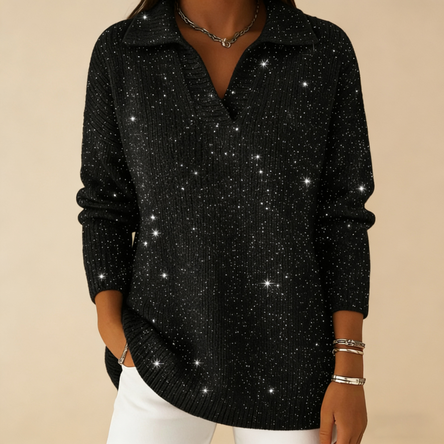 🔥【CLEARANCE SALE】Collar Shiny Loose Sweater Top