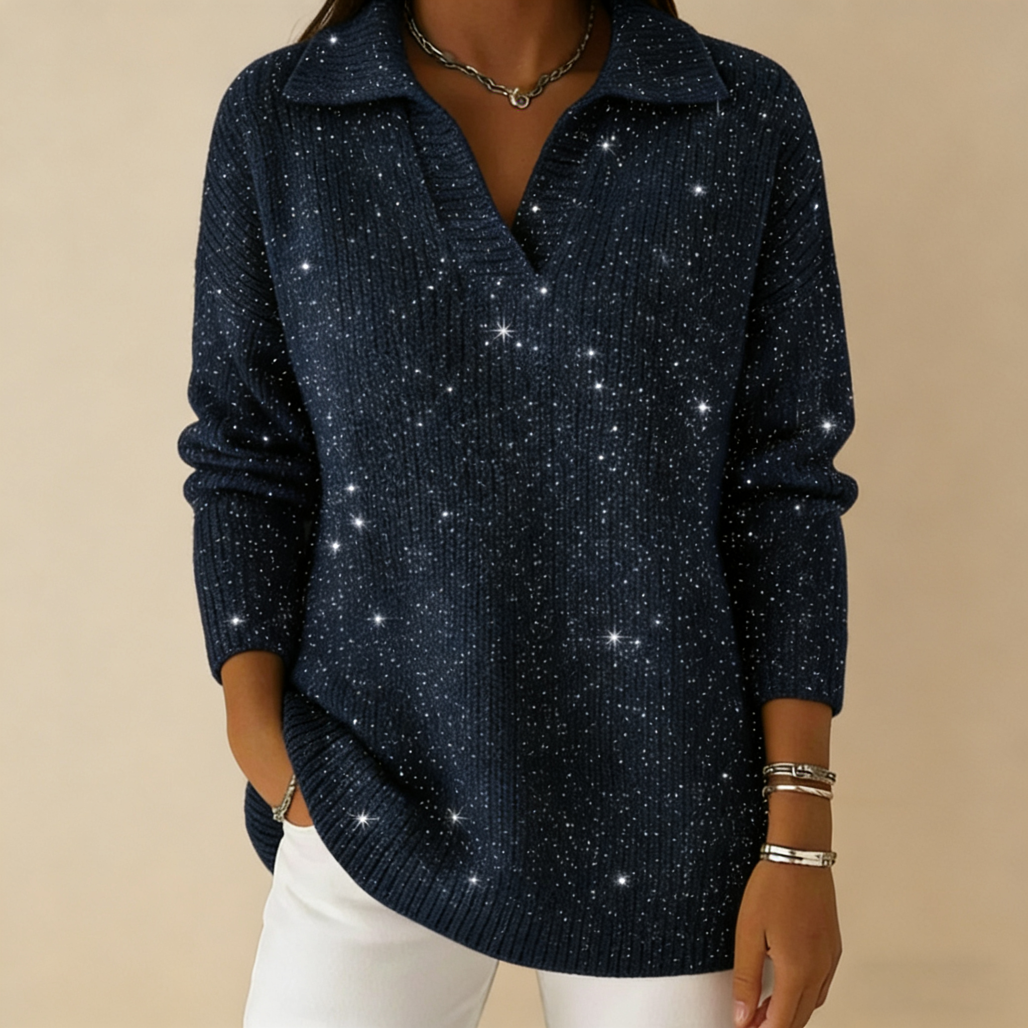 🔥【CLEARANCE SALE】Collar Shiny Loose Sweater Top