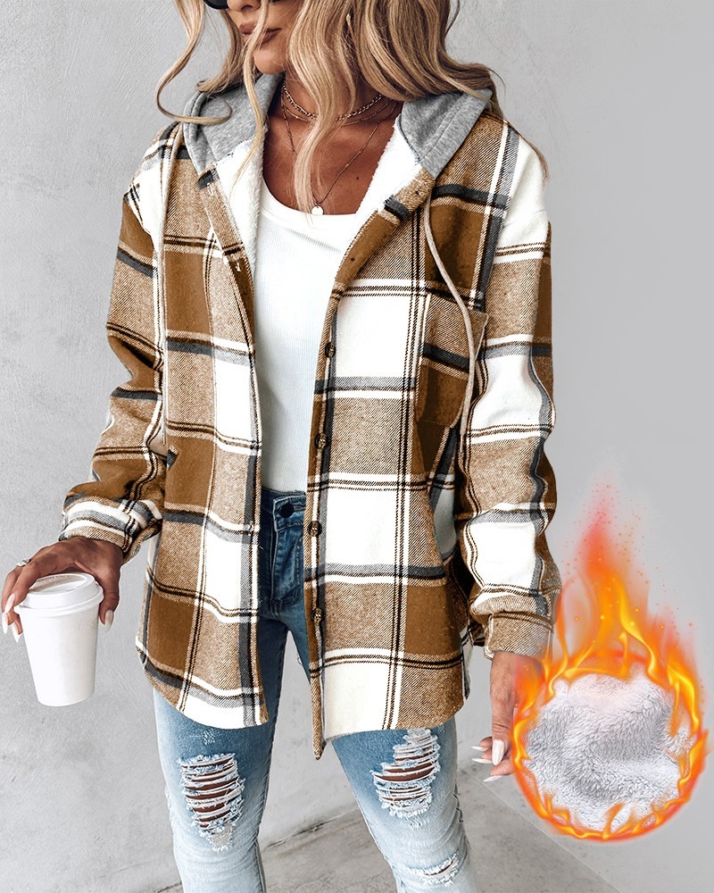 Plaid Pattern Long Sleeve Shacket Button Down Fleece Lined Hooded Jackets Warm Coat