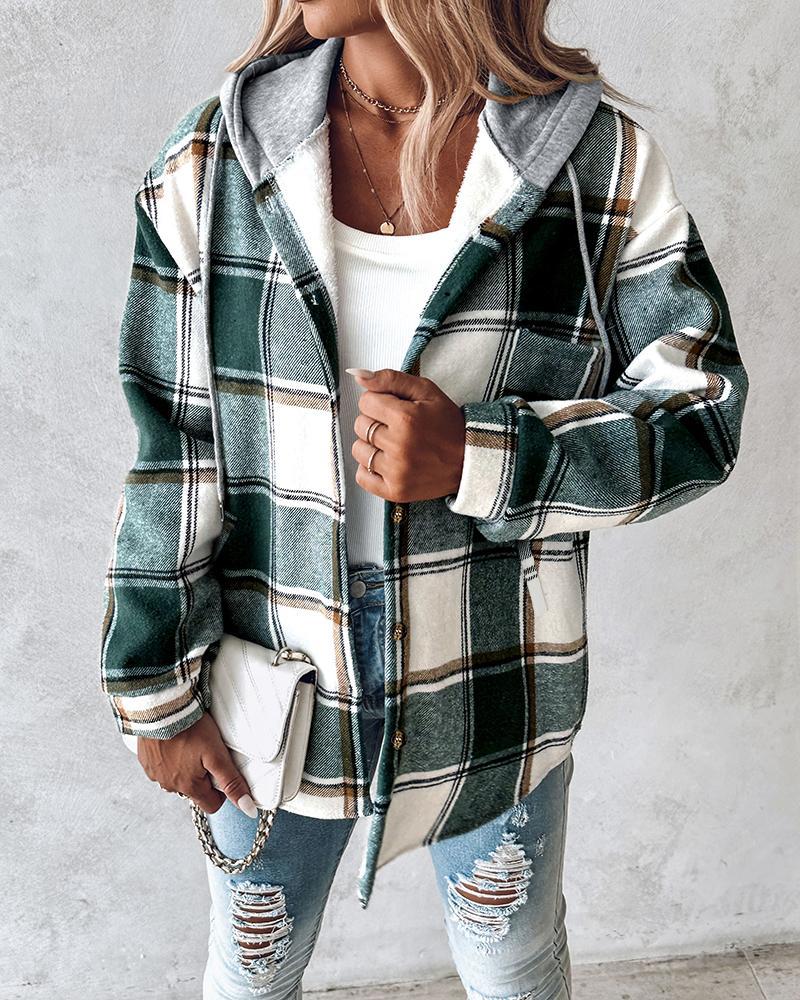 Plaid Pattern Long Sleeve Shacket Button Down Fleece Lined Hooded Jackets Warm Coat