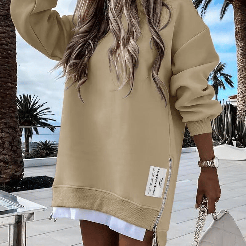 Long-Sleeve Hoodie with Zipper Slit Casual One-Piece Sweatshirt