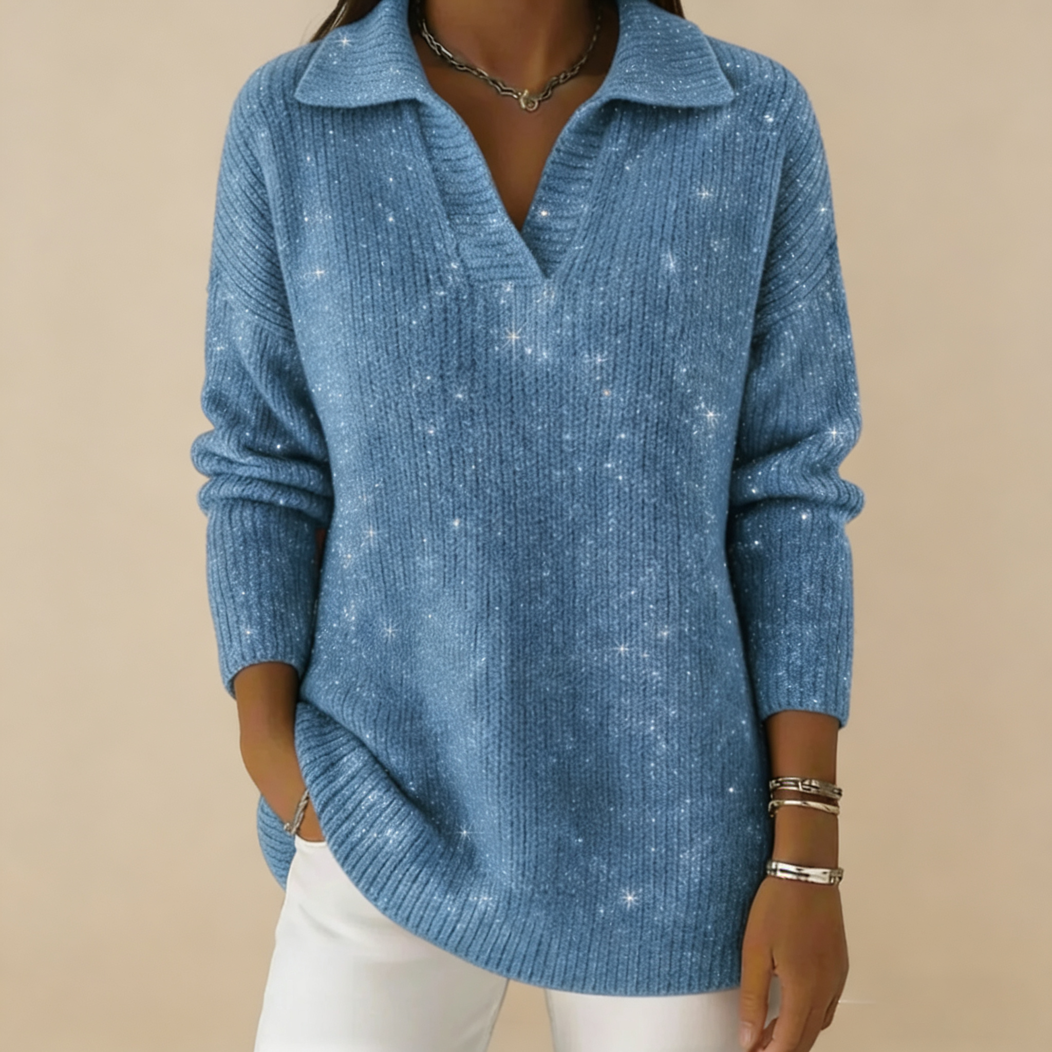 🔥【CLEARANCE SALE】Collar Shiny Loose Sweater Top