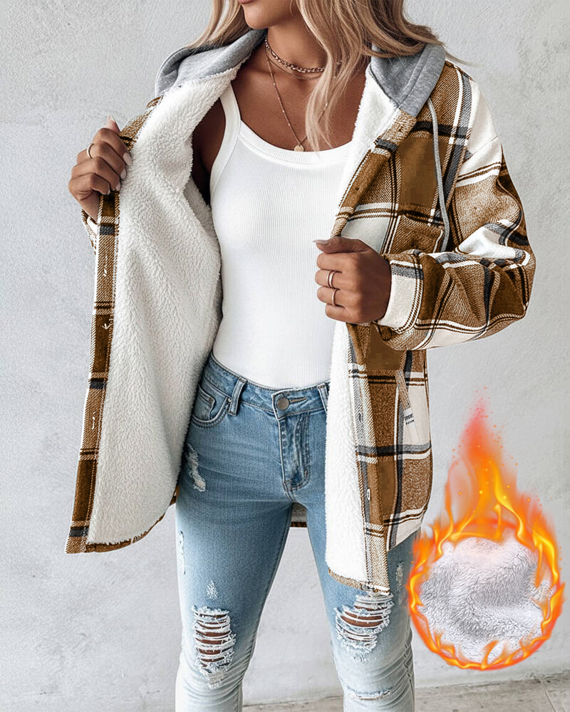 Plaid Pattern Long Sleeve Shacket Button Down Fleece Lined Hooded Jackets Warm Coat