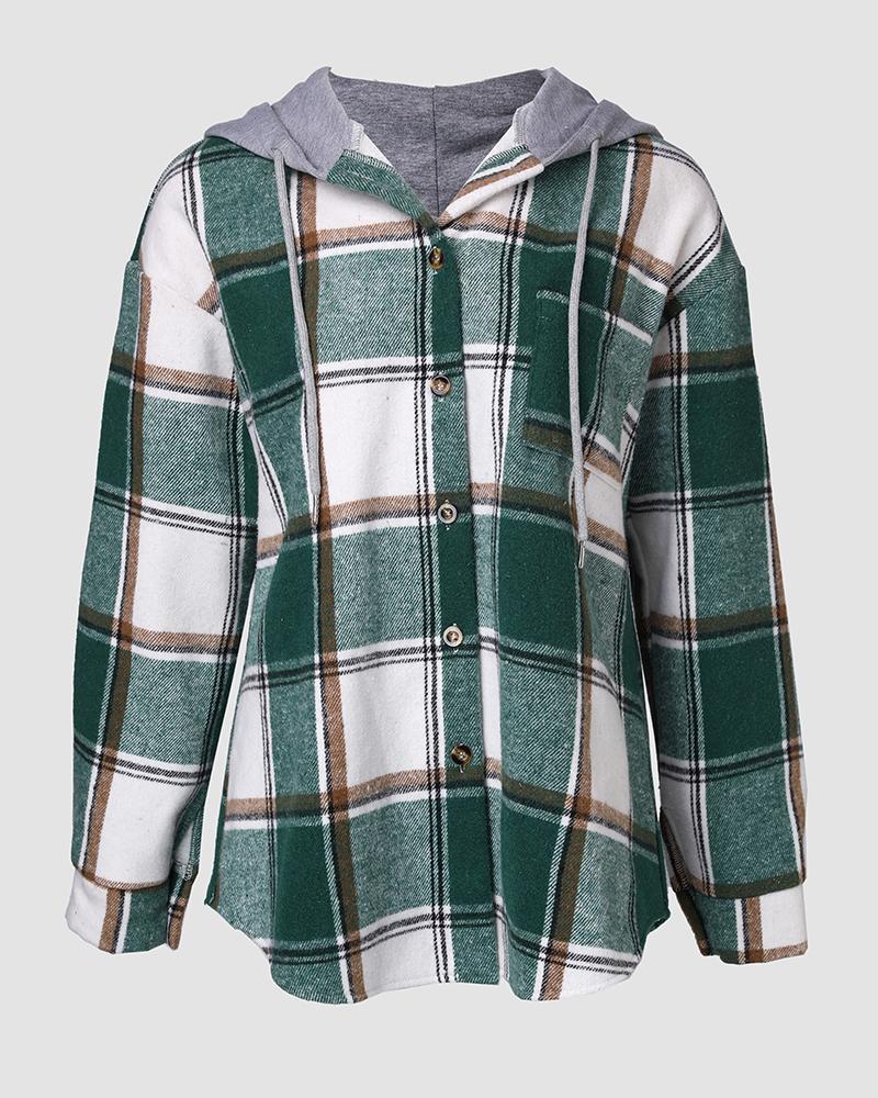 Plaid Pattern Long Sleeve Shacket Button Down Fleece Lined Hooded Jackets Warm Coat