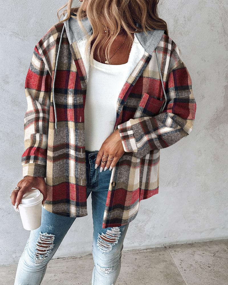 Plaid Pattern Long Sleeve Shacket Button Down Fleece Lined Hooded Jackets Warm Coat