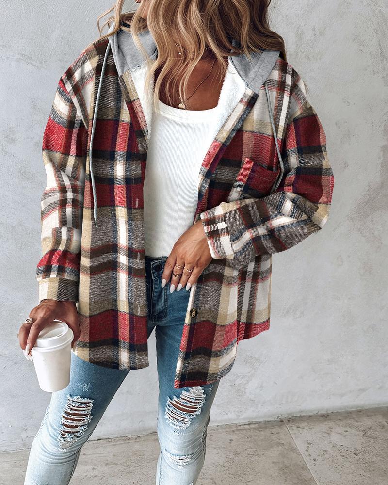 Plaid Pattern Long Sleeve Shacket Button Down Fleece Lined Hooded Jackets Warm Coat