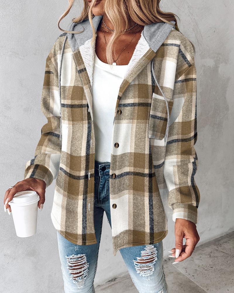 Plaid Pattern Long Sleeve Shacket Button Down Fleece Lined Hooded Jackets Warm Coat
