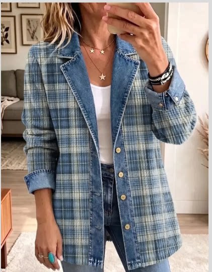 Vintage Elegant Denim Patchwork Plaid Jacket