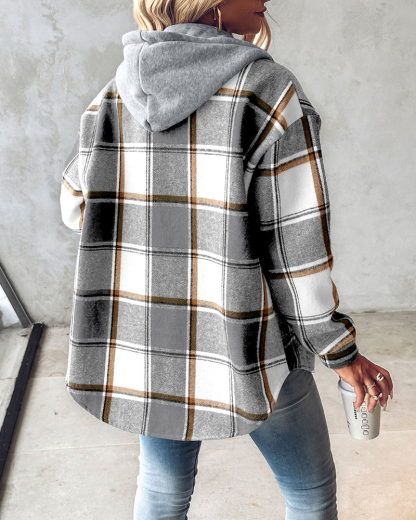 Plaid Pattern Long Sleeve Shacket Button Down Fleece Lined Hooded Jackets Warm Coat