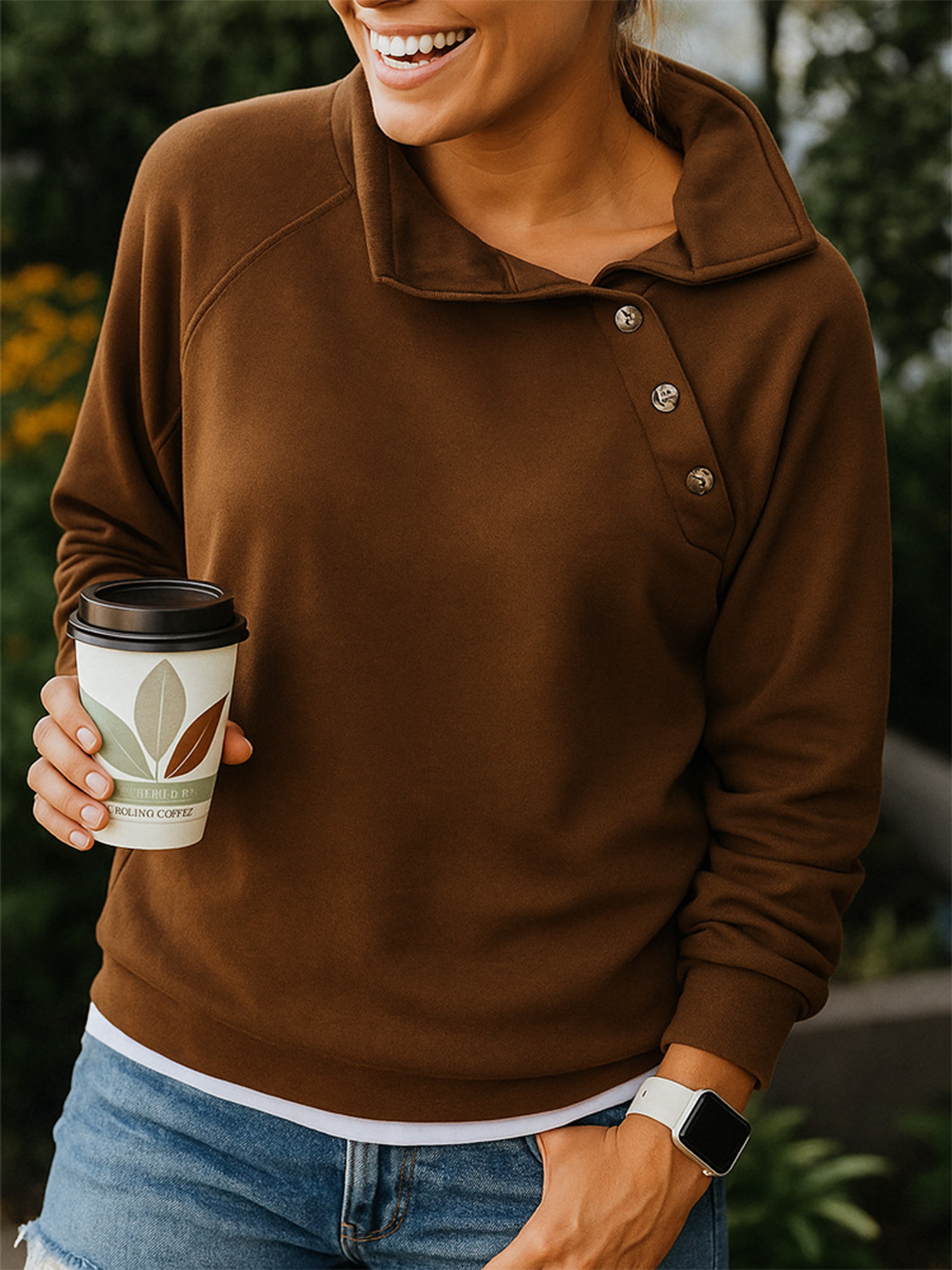 Women's Casual Button-down Slant Collar Sweatshirt
