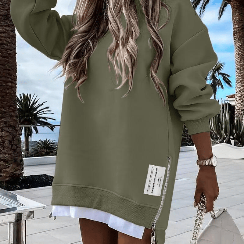 Long-Sleeve Hoodie with Zipper Slit Casual One-Piece Sweatshirt