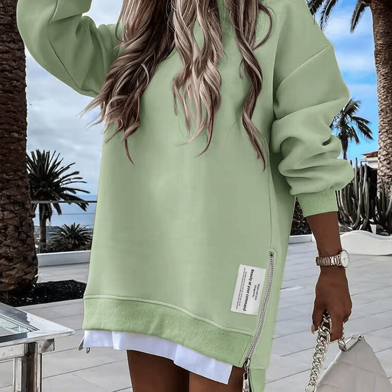 Long-Sleeve Hoodie with Zipper Slit Casual One-Piece Sweatshirt