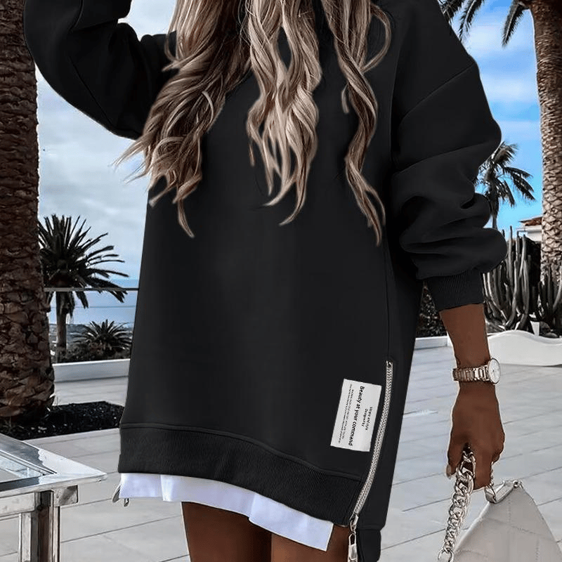 Long-Sleeve Hoodie with Zipper Slit Casual One-Piece Sweatshirt