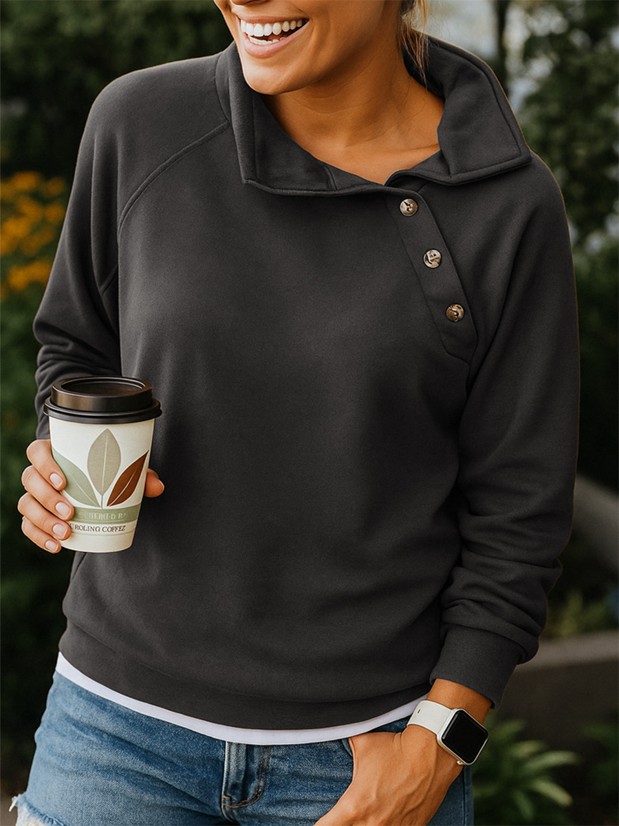 Women's Casual Button-down Slant Collar Sweatshirt