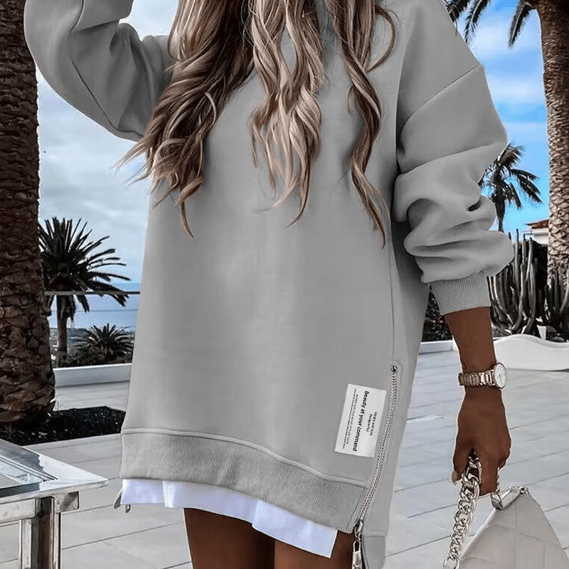 Long-Sleeve Hoodie with Zipper Slit Casual One-Piece Sweatshirt