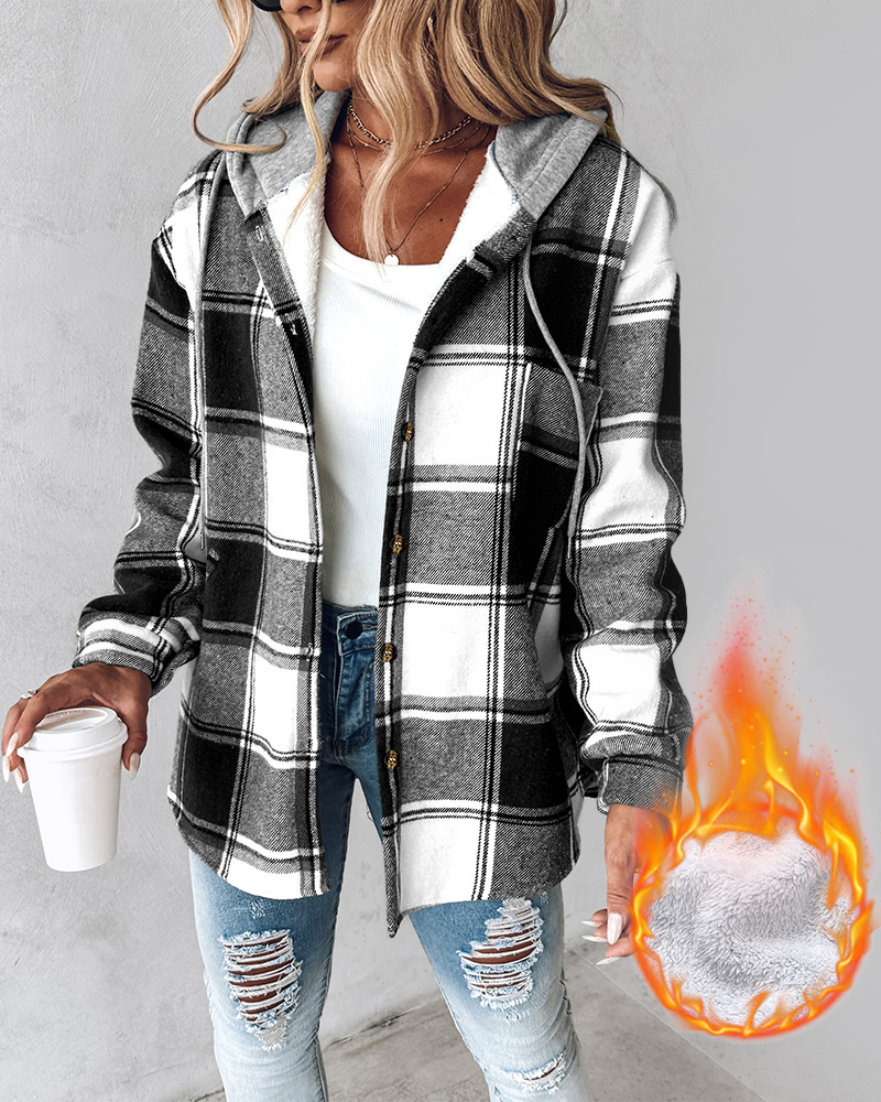 Plaid Pattern Long Sleeve Shacket Button Down Fleece Lined Hooded Jackets Warm Coat