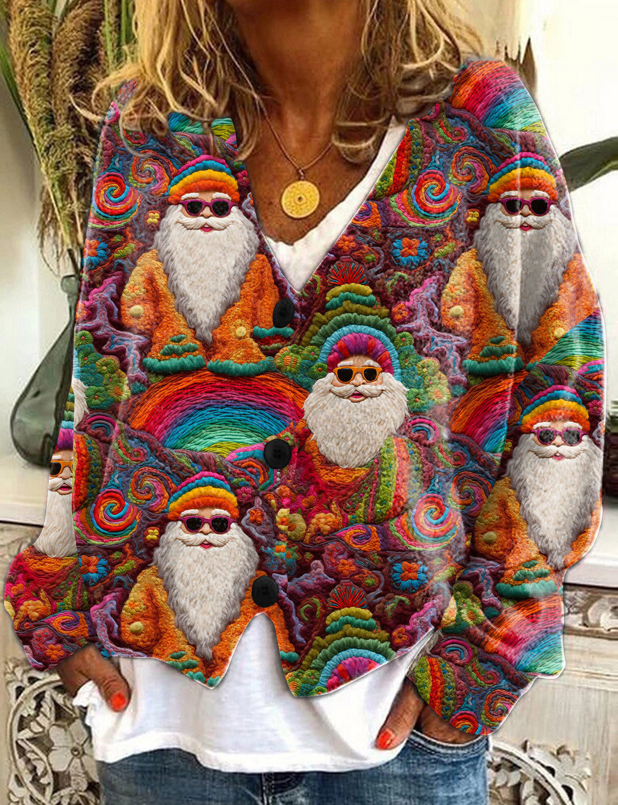 Retro Colorful Santa Print Casual Cardigan