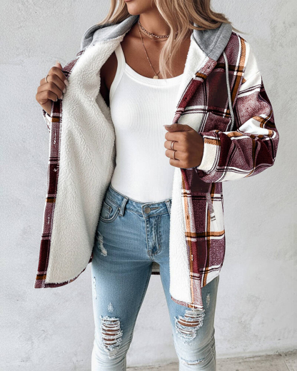 Plaid Pattern Long Sleeve Shacket Button Down Fleece Lined Hooded Jackets Warm Coat