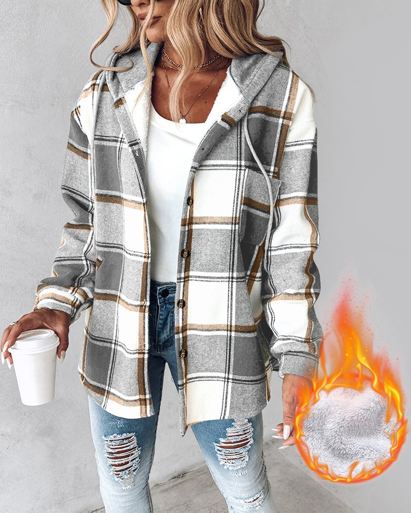 Plaid Pattern Long Sleeve Shacket Button Down Fleece Lined Hooded Jackets Warm Coat